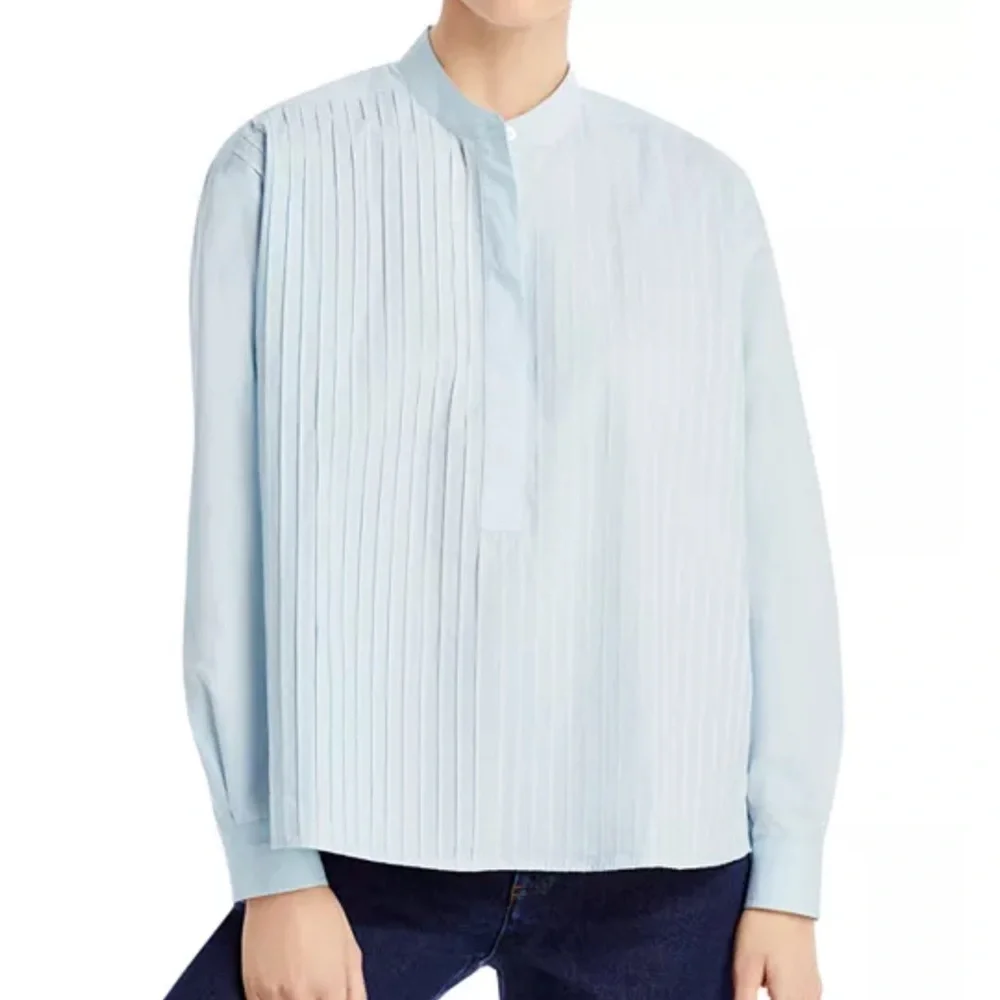 🆕 TORY BURCH Spring Blue Poplin Pleated Shirt | Women’s Size 0 | NWT